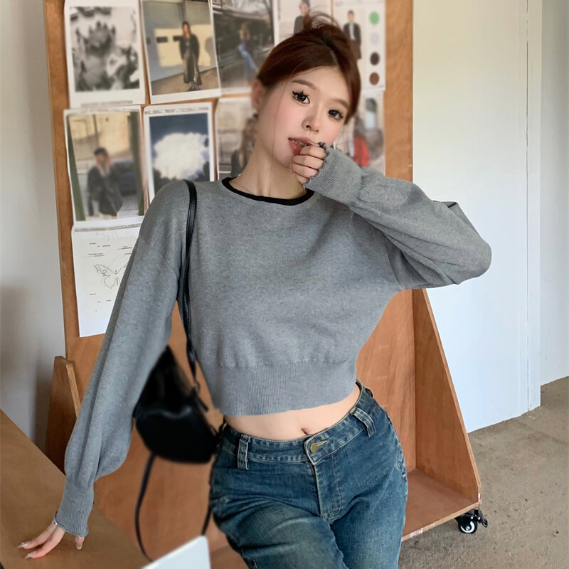 Women's Fashion Versatile Short Sweater Top Autumn Winter Contrast Color Knitted Long Sleeves O Neck Knitted Top