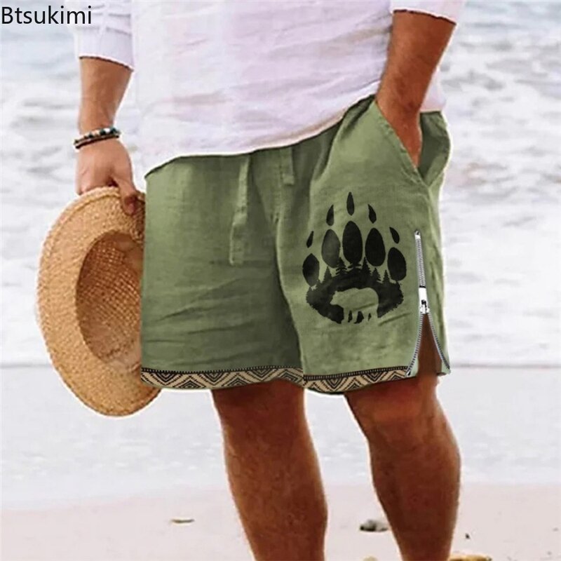 2024ใหม่กางเกงขาสั้นผู้ชายแบบลำลองลายกราฟิกแนววินเทจผ้าคอตตอน100% ข้างแบบหลวมกางเกงเดินชายหาดพิมพ์ลายฤดูร้อน