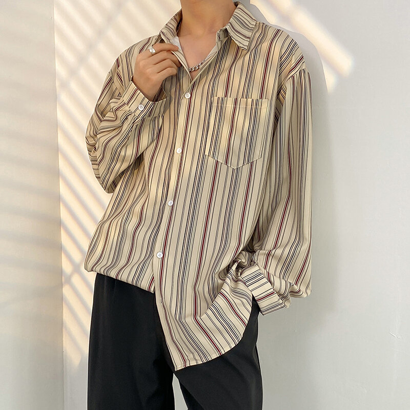 Полосатая рубашка в Корейском стиле, мужская рубашка с длинным рукавом, молодежная красивая, Повседневная рубашка большого размера, роскошная, гофрированная и красивая