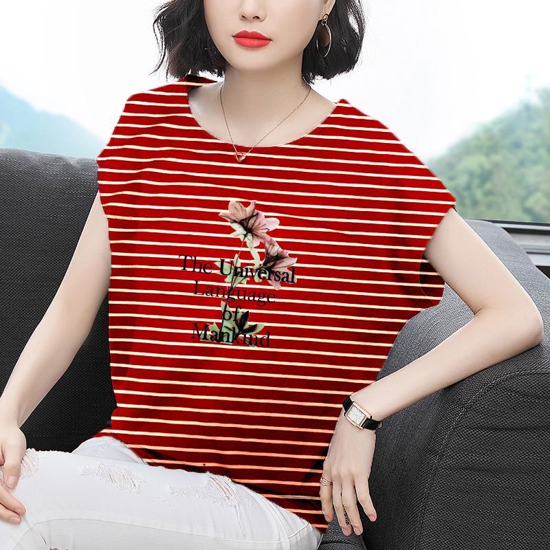 Fashion O-Neck Printed Letter Striped T-Shirt Women's Clothing 2024 Summer New Casual Pullovers Batwing Sleeve Korean Tee Shirt