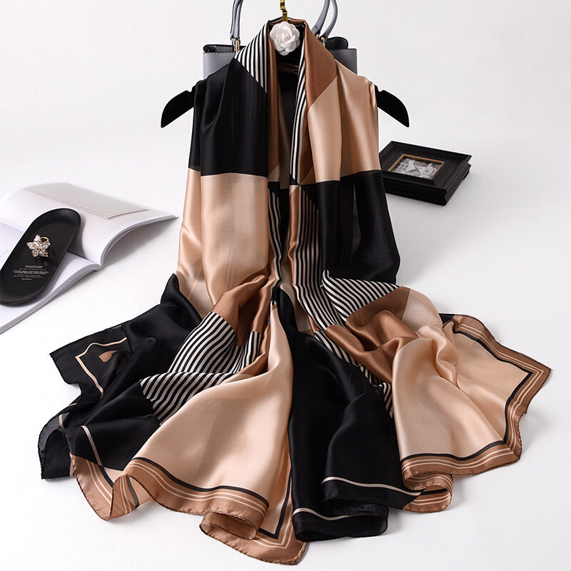 Damskie modny nadruk jedwabne szaliki luksusowe ciepłe szaliki 180x90cm popularne szal satynowe wykończenie szal cztery pory roku projekt hidżab