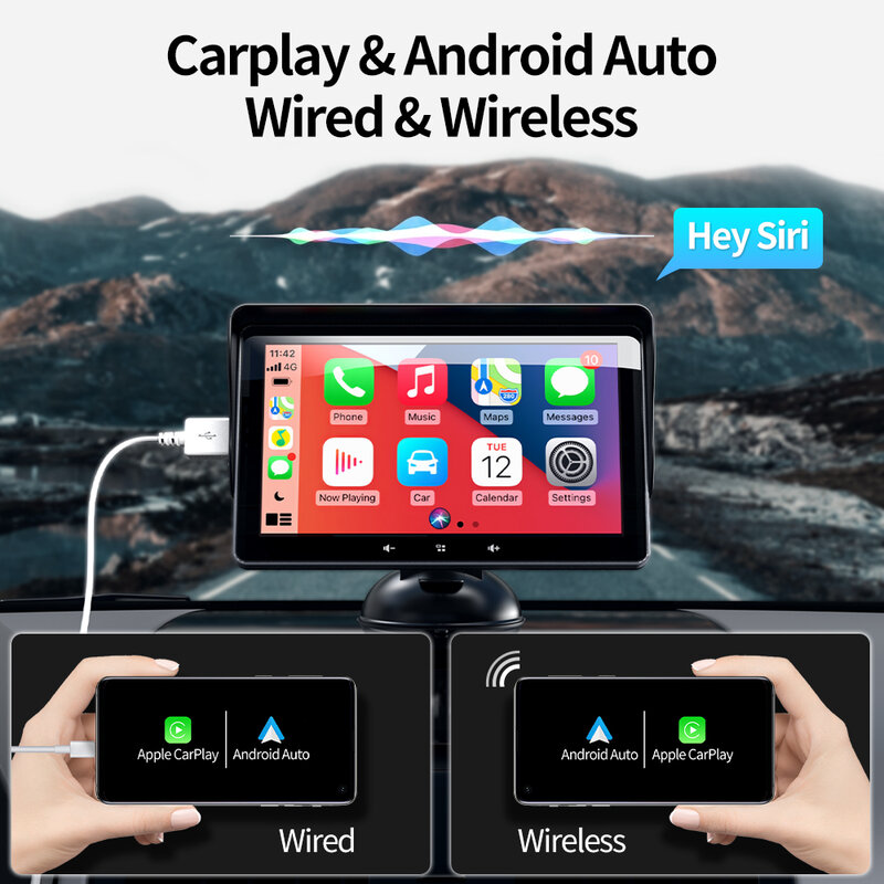 GRANDnavi 터치 스크린 자동차 휴대용 무선 애플 카플레이 태블릿, 안드로이드 스테레오 멀티미디어, 블루투스 내비게이션, 7 인치