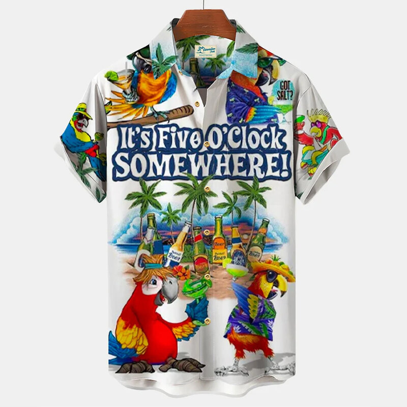 Летняя пикантная рубашка в стиле Харадзюку С 3D-принтом в виде попугая, Мужская модная короткая Гавайская пляжная Мужская одежда, винтажная Цветочная блузка в стиле рокабилли