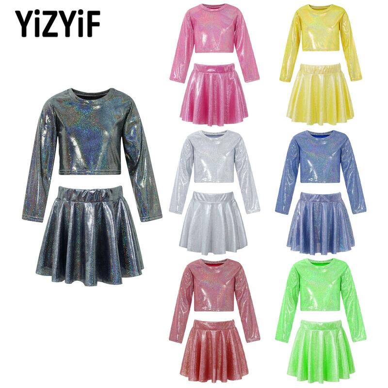 Kids Girls Sparkling Ballet Jazz Latin Dancewear Round Neck Crop Top with Pleated Skirt for Dance Performance Competition Party