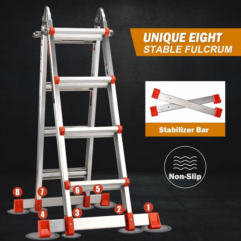 Soctone Ladder, A Frame 4 Step Extension Ladder, 17 Ft With Multi Position & Removable Tool Tray with Stabilizer Bar, 330 lbs
