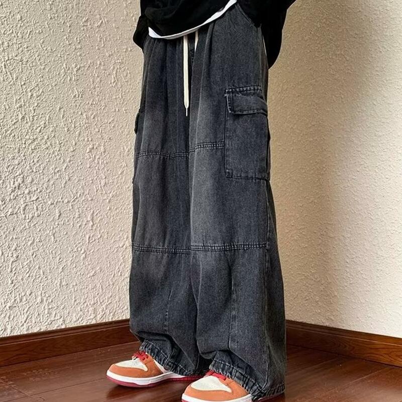 Джинсы-карго мужские мешковатые, джинсовые брюки-карго с эластичным поясом, с несколькими карманами, свободные широкие штаны, однотонные