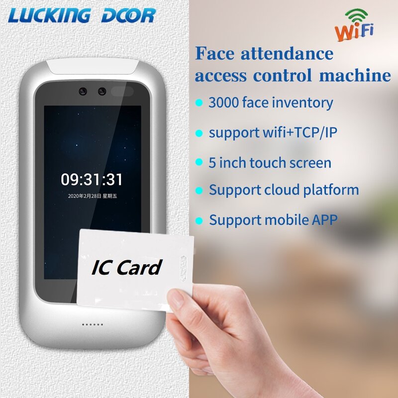 Reconhecimento Facial e Detecção Facial com Soft Cloud, WiFi, Touch Screen, Controle de Acesso, Time AttChimes, 125Khz, Cartão RFID, APP, PC, 5 polegadas