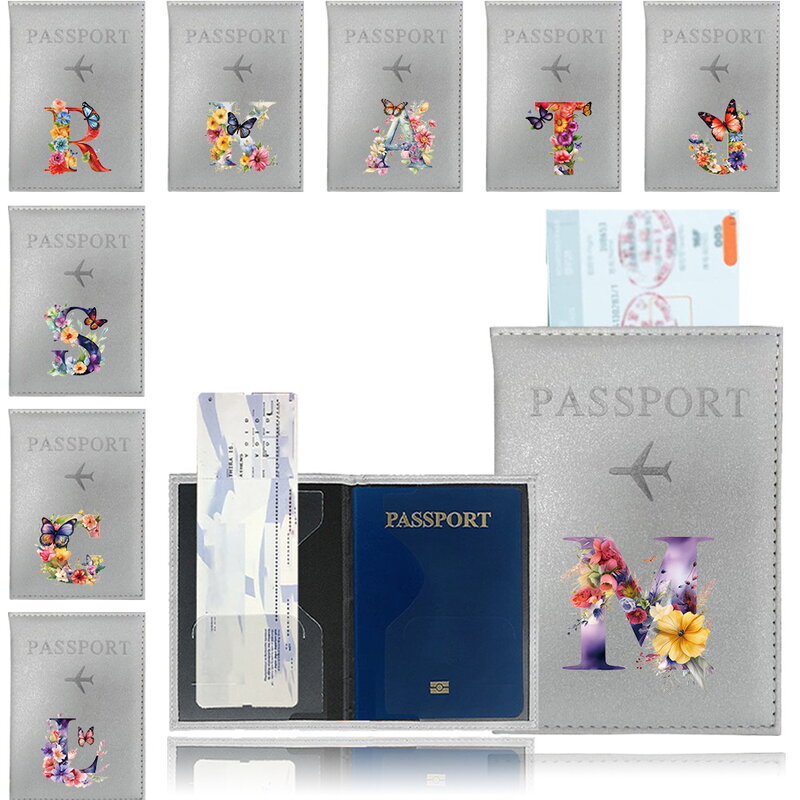 Soporte para pasaporte de PU de Color plateado, fundas para boletos, serie de letras de mariposa, funda para identificación, tarjetero de crédito, accesorios de viaje