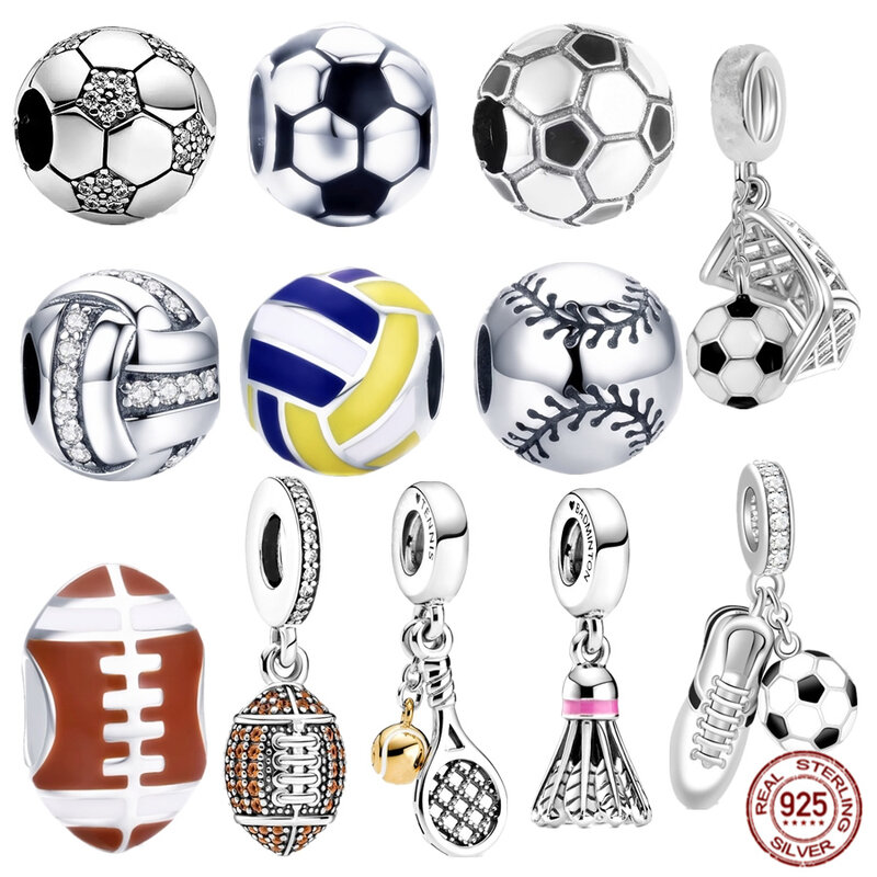 Seri olahraga pesona perhiasan sepak bola Rugby bola voli manik-manik 925 perak murni liontin Badminton cocok asli Pandora Gelang