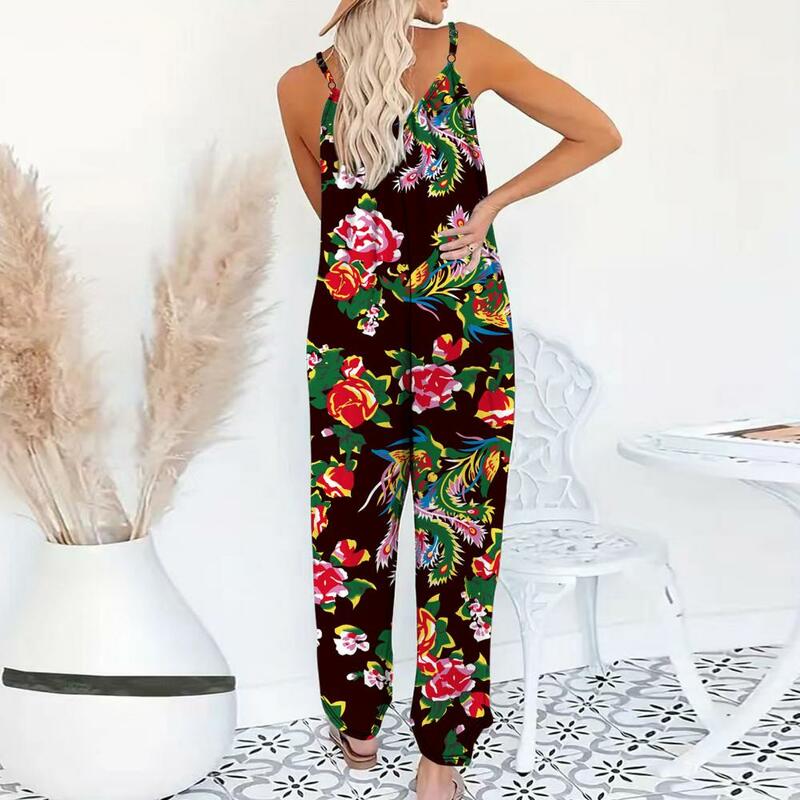 Relaxed Fit Jumpsuit Northeast Style Floral Print V Neck Jumpsuit with Side Pockets Chinese Vacation Wear for Women Wide Leg