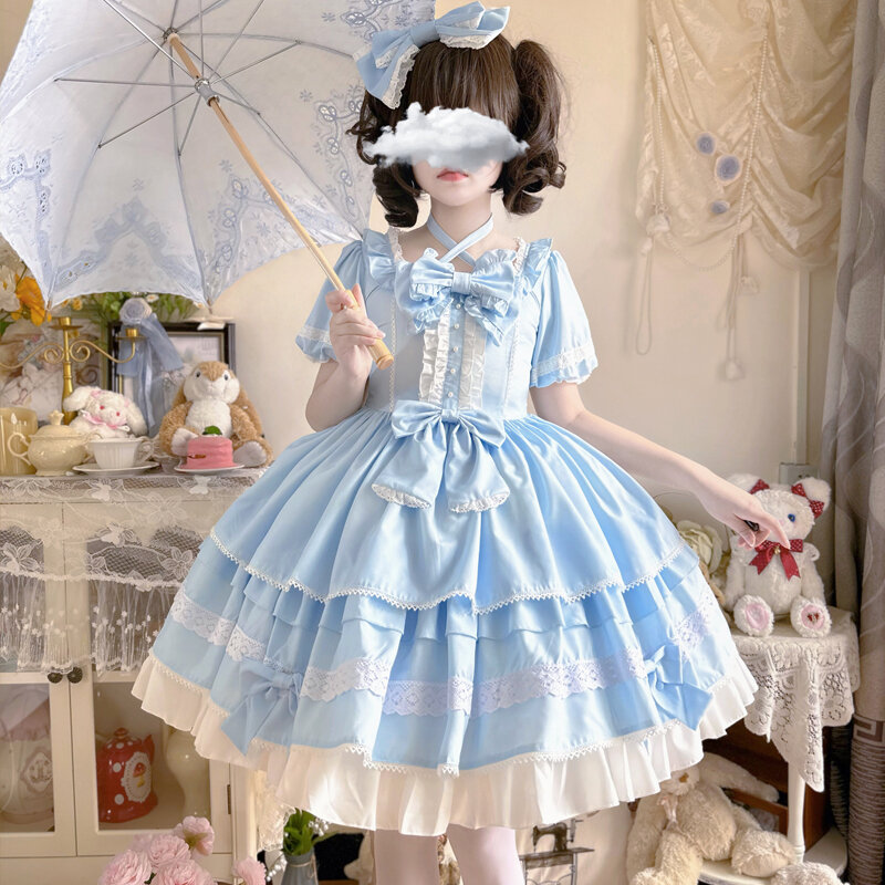 Giapponese Sweety Lolita Soft Girly Dress Kawaii manica corta Bow OP Dress estate delle donne Ruffles Tea Party Dresses