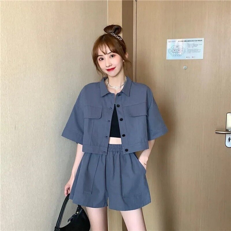 Korean Fashion Women Two-piece Set Summer Loose Student Casual Crop Top + High Waisted Shorts Workwear Suit Solid Colour Suit
