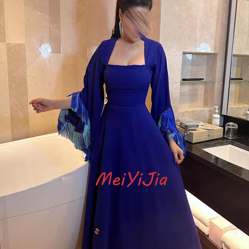 Meiyijia-vestido com decote quadrado borla, mangas compridas sauditas, elegante, sexy, aniversário, roupas de clube, Arábia, verão, 2024