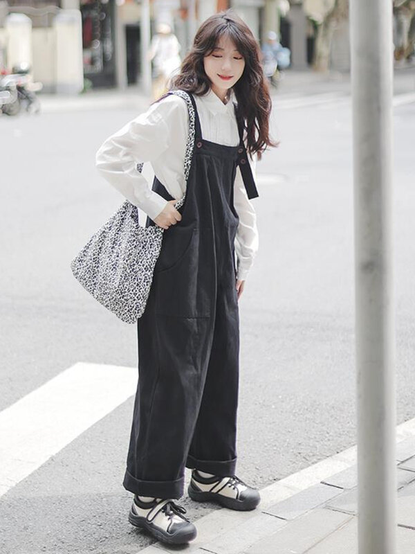 Macacões multi bolsos femininos, macacão de carga folgada, calça minimalista, cor pura, roupa de estudante casual, moda coreana, vintage