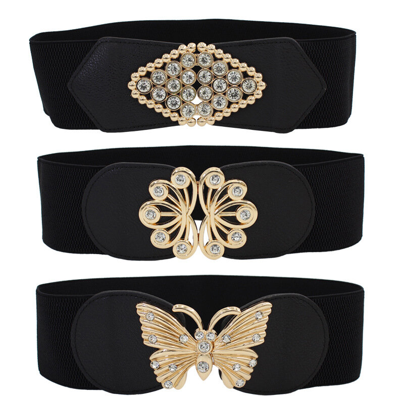 Cinturón ancho Retro elegante para mujer, cinturón elástico negro, hebilla dorada, cinturón de corsé elástico, decoración de moda