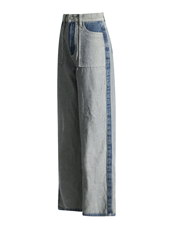 ROMISS casualowe luźny dżins spodnie damskie z wysokim stanem patchworkowe kieszenie Streetwear w stylu Vintage Colorblock Jeans damskie