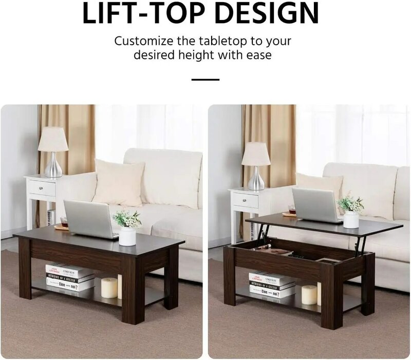 Table basse relevable d'angle confortable avec compartiment GNE et étagère de rangement, table à manger montante pour salon