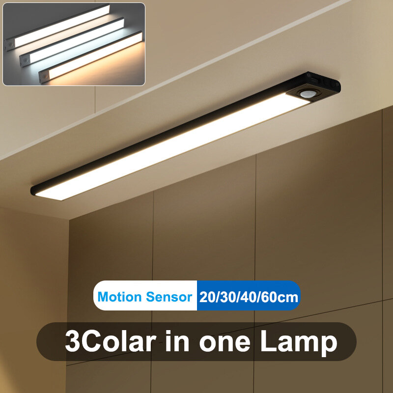 LED Motion Sensor Light 20/30/40/60cm Ultra thin Under Cabinet Light 3 Colors Night Wardrobe Lamp For Kitchen Indoor Lighting