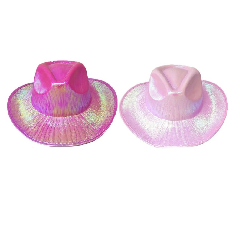 Topi Koboi Pesta Disko Holografik Metalik yang Menyenangkan Topi Koboi Berkilau Merah Muda