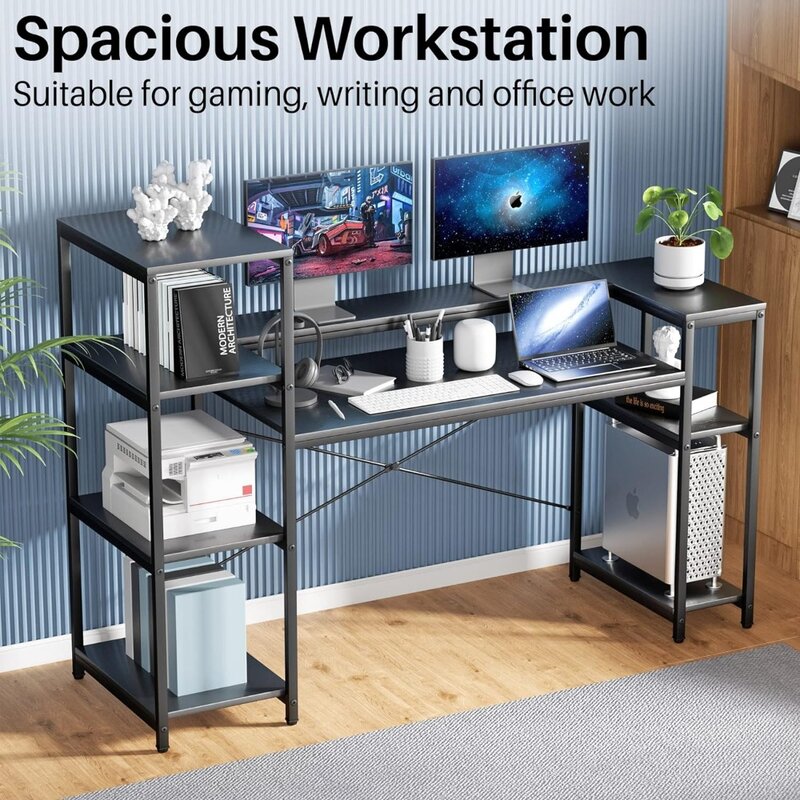 Escritorio de computadora con estantes de almacenamiento, escritorio de oficina Industrial grande de 63 pulgadas, mesa de escritura de estudio, estación de trabajo con soporte para impresora