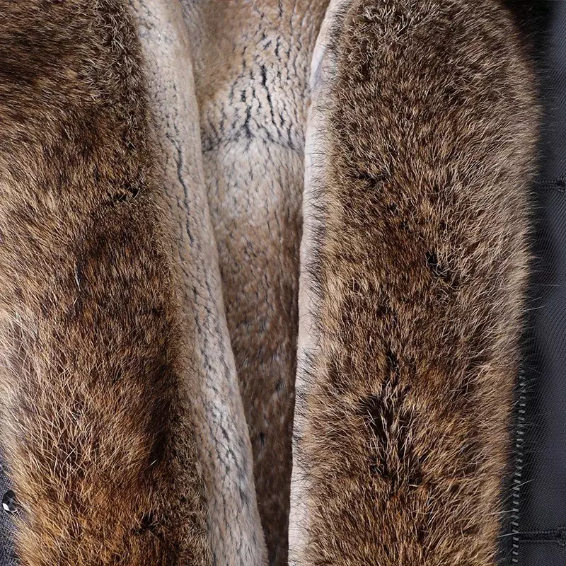 MAOMAOKONG-Chaqueta bomber forrada de piel de conejo para hombre, abrigo de invierno natural, abrigo de piel real de locomotora, parka de piel de mapache real, 2023