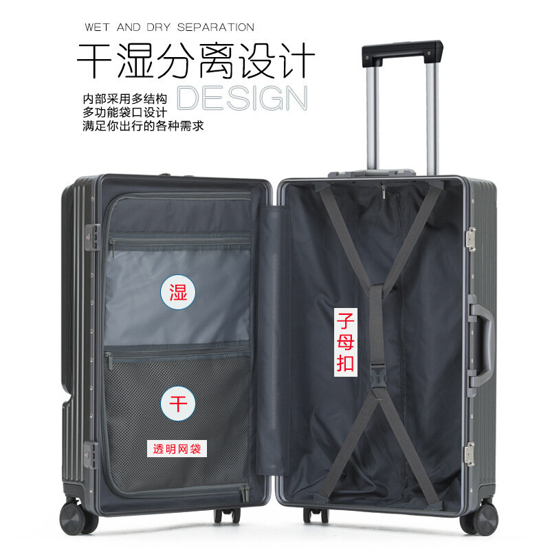 EXBX maleta de viaje multifunción para equipaje, estuche de varilla de tracción con marco de aluminio, puerto de carga USB con portavasos plegable, bolsa de embarque