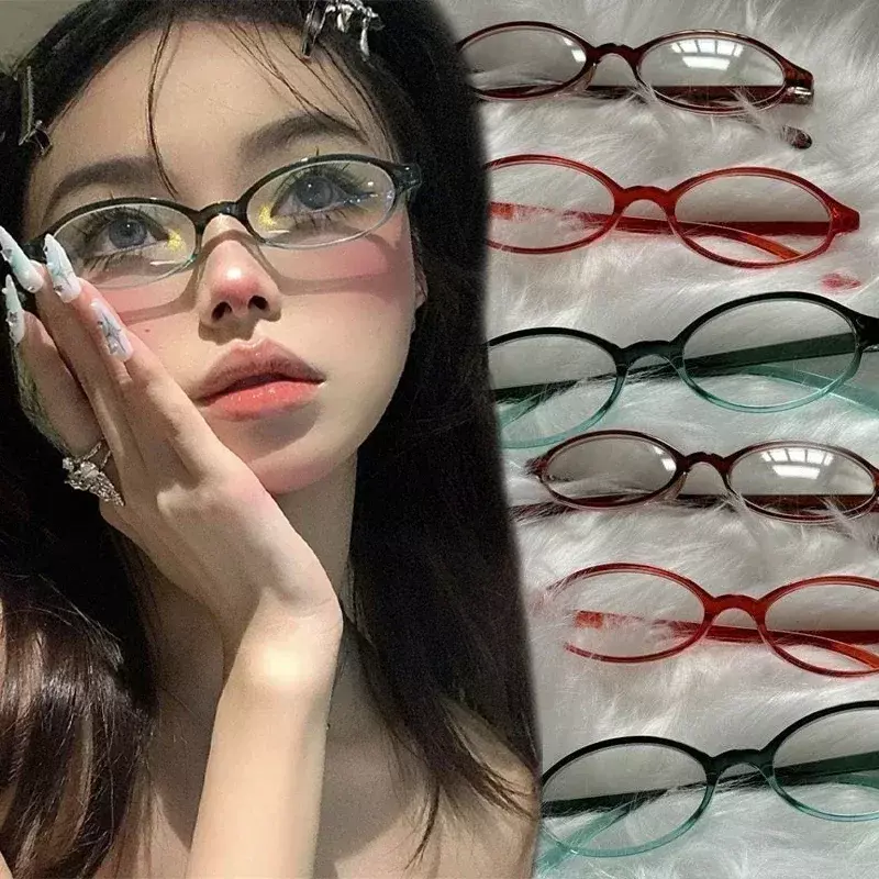 Occhiali ovali retrò donna ragazze Y2K occhiali da vista in vetro con montatura verde rosso occhiali da vista Anti-blu per Computer decorativi con guida al mare