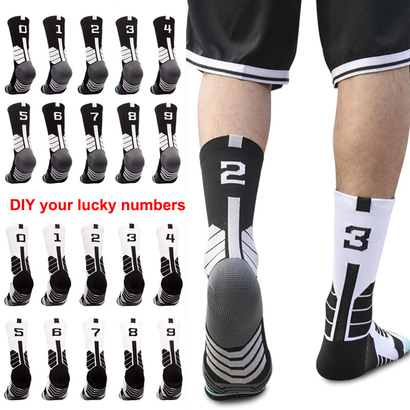 Calcetines ถุงเท้ากีฬาวิ่งสำหรับผู้ชายบาสเก็ตบอลผู้หญิงถุงเท้าสำหรับนักปั่นแบบมืออาชีพสีดำขาว DIY เลขนำโชคของคุณ0-9