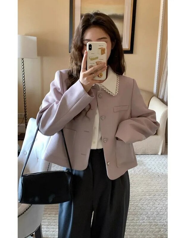 Blazer de peito único feminino, casaco curto rosa, jaqueta casual elegante, terno pequeno, high-end, senhora do escritório, primavera e outono, 2022