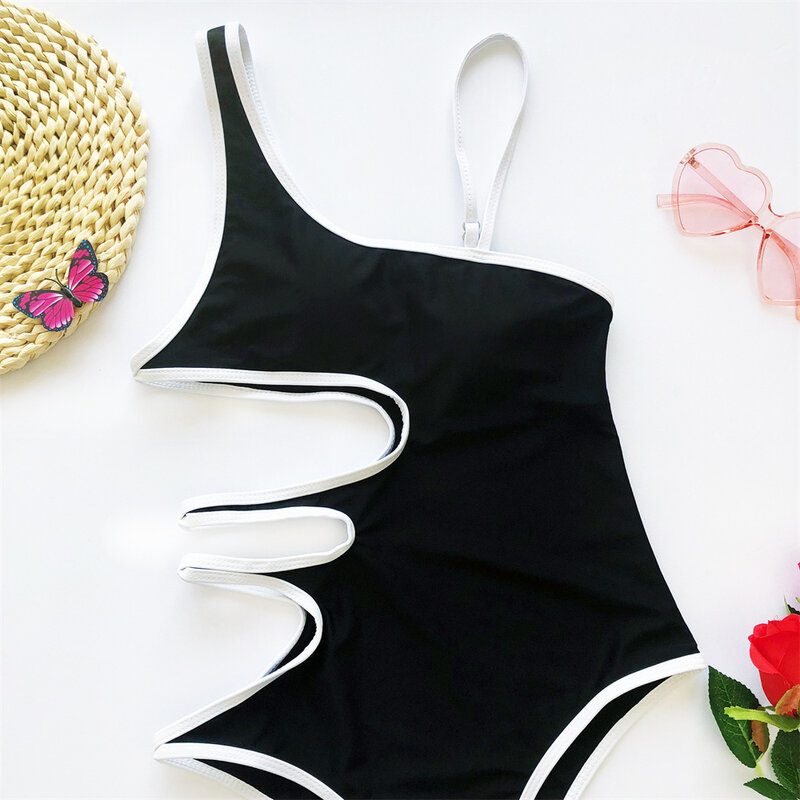 Conjunto de biquíni preto de uma peça feminina, maiô cortado, bandagem irregular sexy, roupa de praia, fato de banho