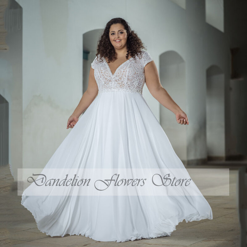 Classic Plus Size Wedding Dresses V-Neck Short Sleeves Bride Gown Chiffon A-Line Floor Length Vestidos De Novia Para Grande