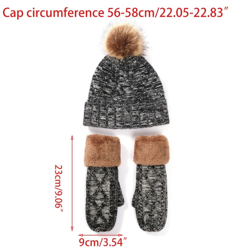 2 Pieces Women Winter Cable Knit Beanie Hat with Full Finger Gloves Mittens Set Thicken Thermal Plush Lined Skull Ear
