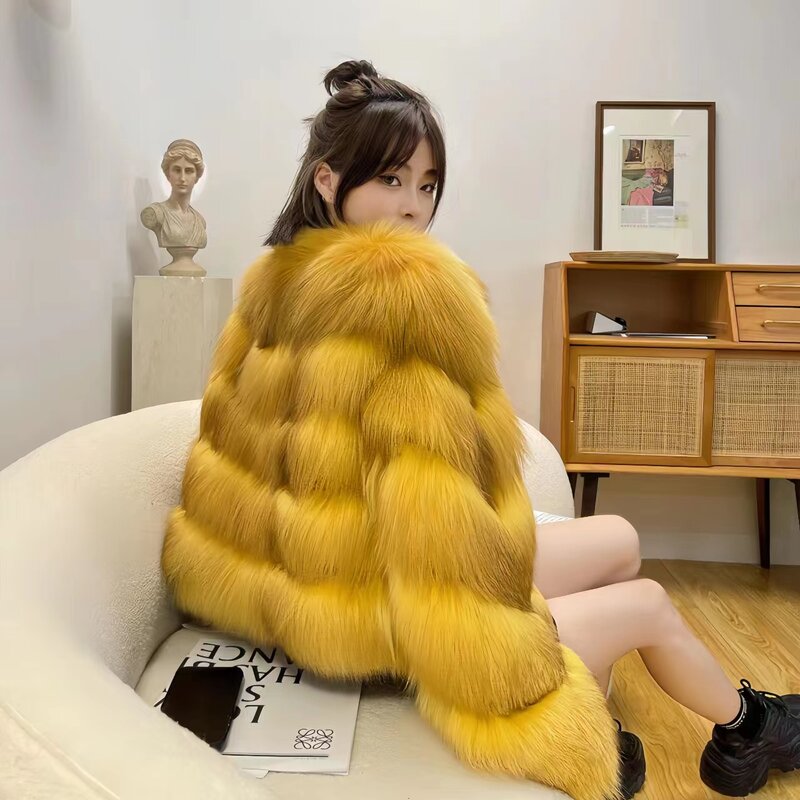 Faux Fox Fur Coat for Women, O-Neck Short Jacket, Thick Warm Clothes,Open Stitch, High Quality, Autumn and Winter, 2023