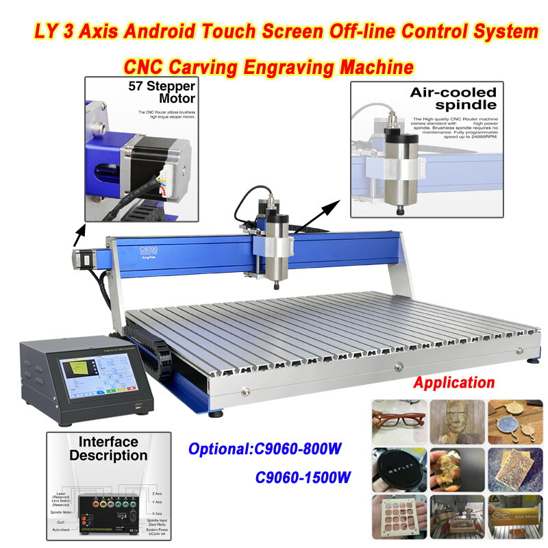 LY C9060 3 축 CNC 조각기, 안드로이드 터치 스크린 오프라인 제어 시스템, 와이파이 기능 지원, 800W 1500W 옵션