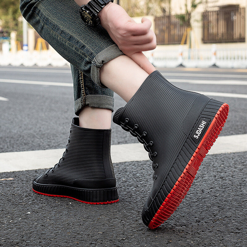 Fashion Men's Rain Boots Rubber Gumboots Slip on Mid-calf Waterproof Working Boots Comfort Red Non-slip Fishing Shoes for Men