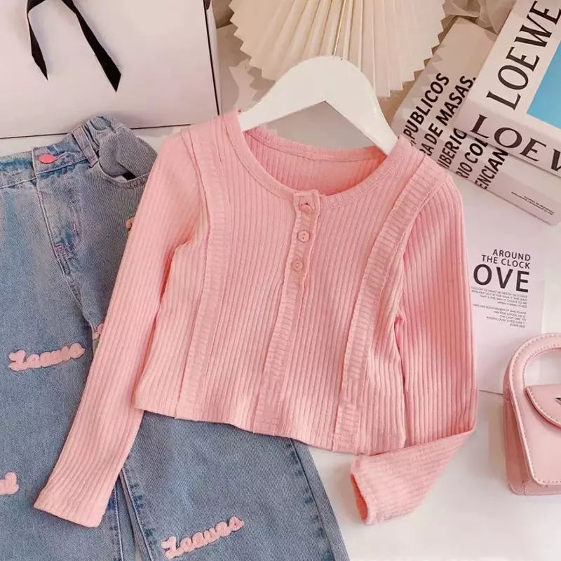 2024 Spring Autumn Girls Clothing Set Solid Color Long Sleeve Top+Letter Print Wide Leg Jeans 2Pcs For 4-11Y Kids Fashion Outfit