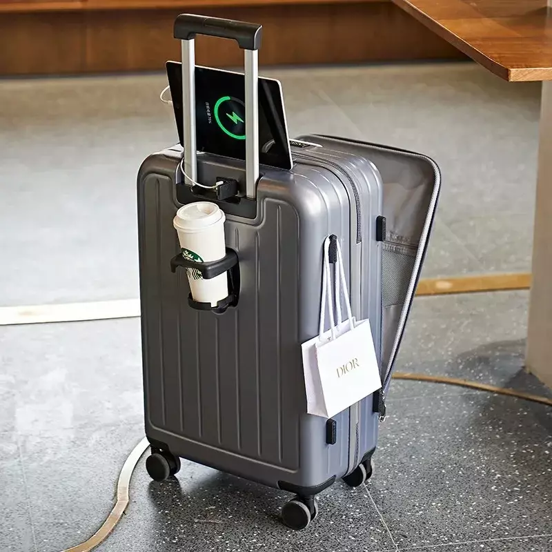 Multi functional front opening luggage compartment charging port trolley box travel box aluminum frame mount case