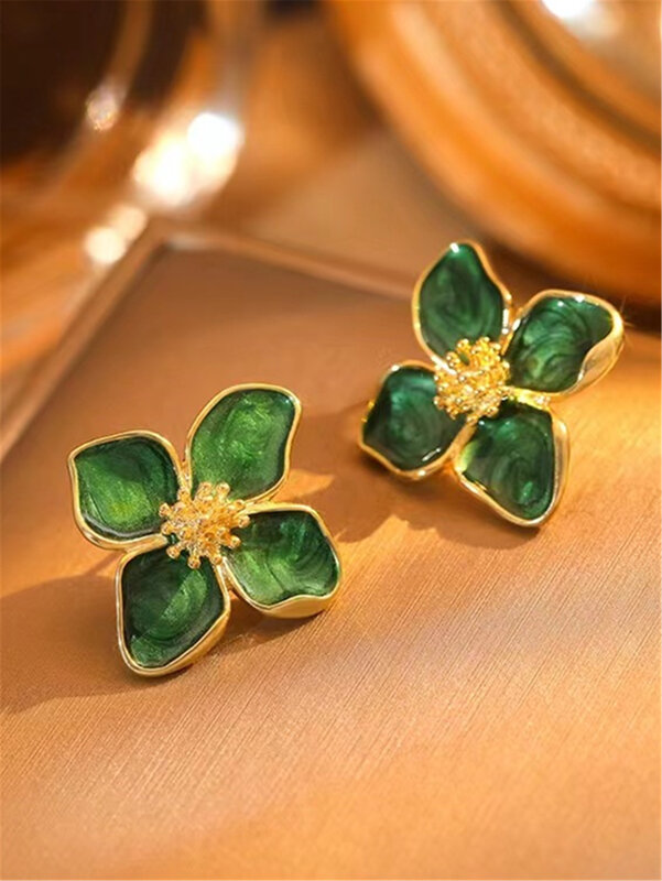 Hibiscus Dropped Glaze Flower Stud Earrings for Women Girl French Ins Vintage 2023 Fashion Korean Wedding Romantic Jewelry Gifts