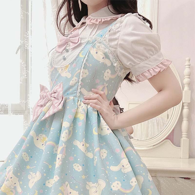 Japanese Sweet Kawaii Cartoon Meow Lolita Jsk Sleeveless Dress Rabbit Cute Suspender Dress Lace Princess Tea Party Dresses