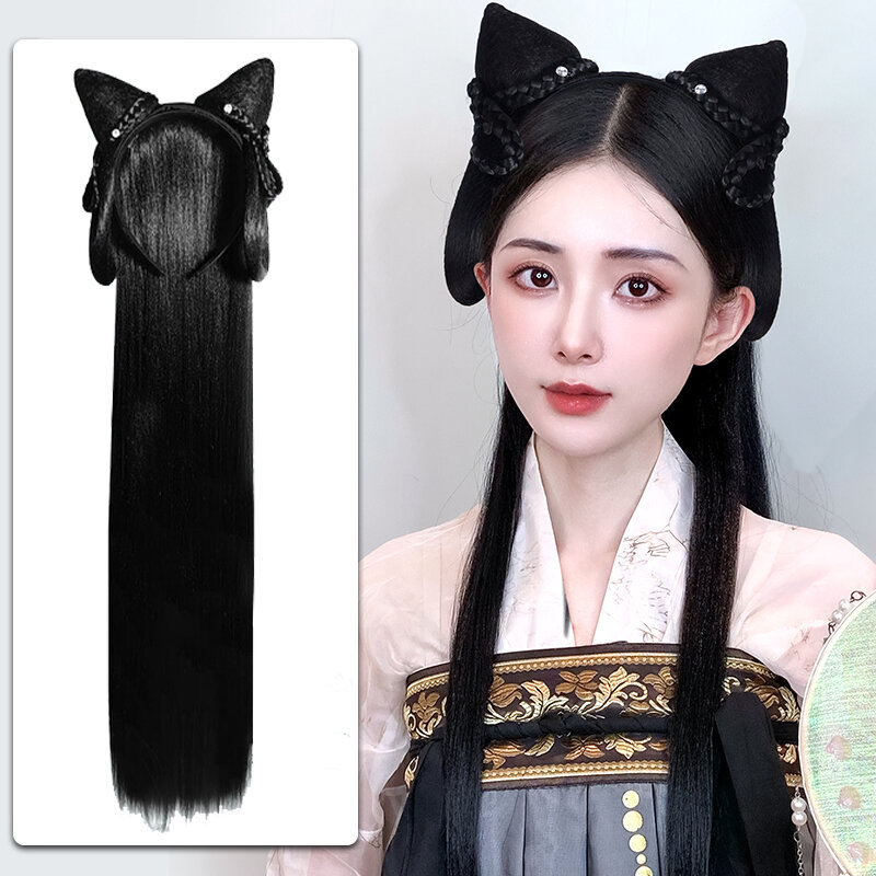 SEEANO Hanfu Wig Ikat Kepala Wanita Model Cina Potongan Rambut Sintetis Antik Pemodelan Cos Pad Aksesoris Rambut Hiasan Kepala Hitam