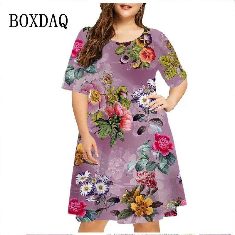 2023 Vintage Tie Dye Blumen Pflanzen druck Kleid Frauen plus Größe Sommerkleider Kurzarm O-Ausschnitt lose lässig Sommerkleid weiblich