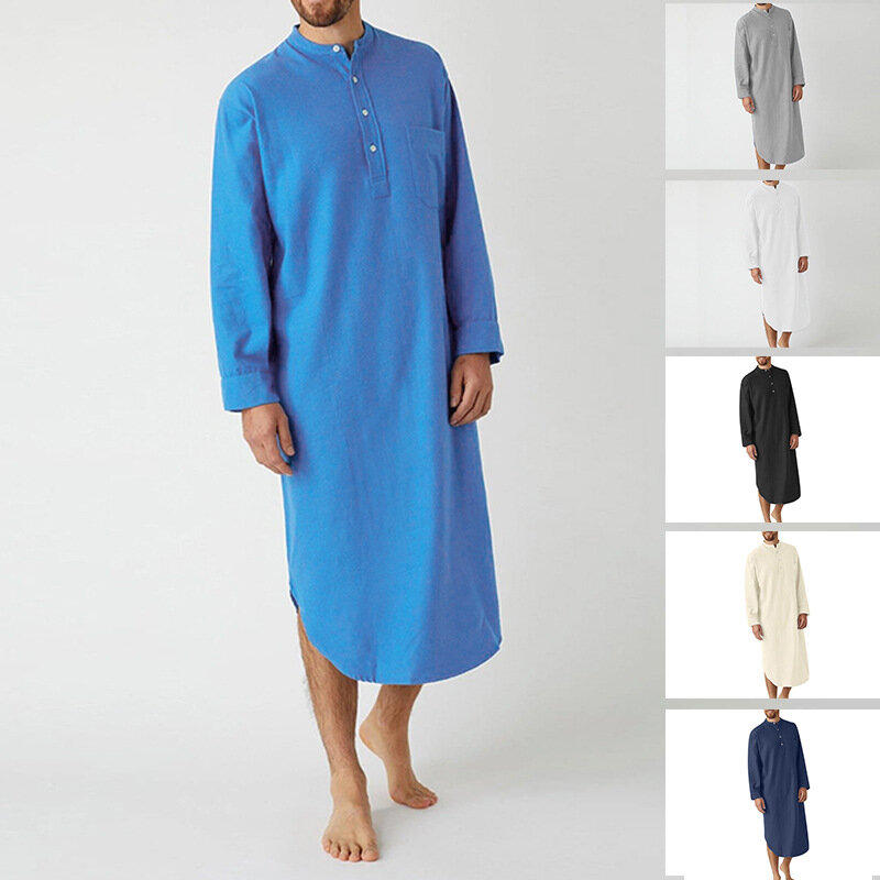 무슬림 아랍 단색 긴팔 단추 업 셔츠, 남성용 긴 잠옷