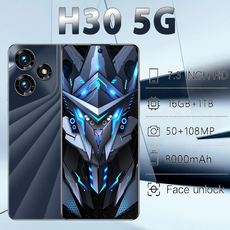H30 Android 13 Celulare Mobile Phone, 7.3HD tela, 16GB + 1TB, 8000mAh, Dual Sim, rosto desbloqueado, 5G, original, global