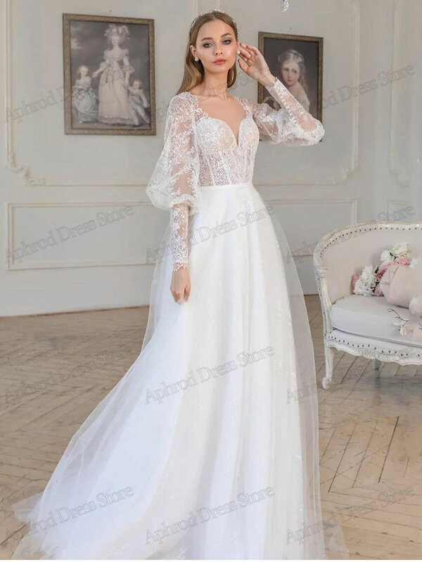 Gaun pernikahan Vintage gaun pengantin ilusi A-Line renda applique panjang lantai jubah glamor untuk pengantin gaun pengantin Novia