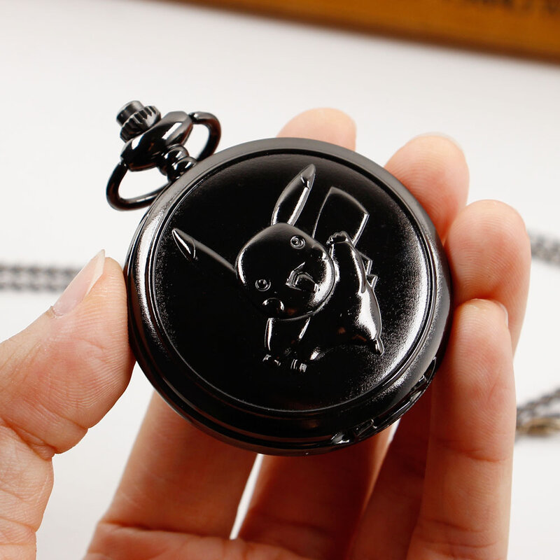 Reloj de bolsillo con imagen de dibujos animados para niños, collar de cuarzo negro/marrón con cadena, regalo del Día de los niños de cumpleaños