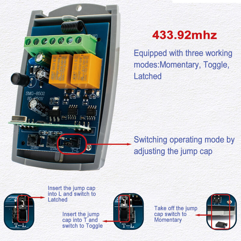 Receptor universal do controle remoto da porta da garagem, módulo do interruptor, 2CH, 433 Rolling Code, alternância momentânea, CA, DC, 7-32V, 85-250V, 433.92MHz