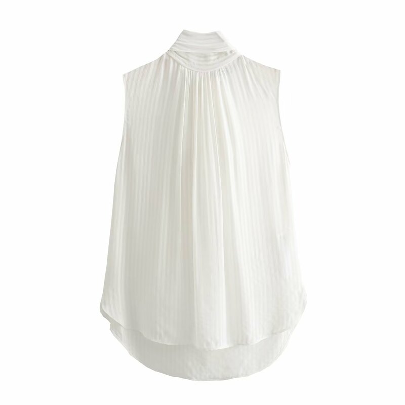 Withered blusa sin mangas para mujer, camisa informal de oficina con lazo blanco elegante, moda francesa
