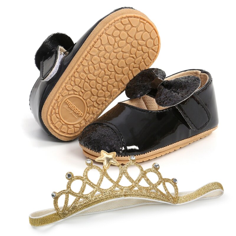 Baywell-아기 여아 신발 + 헤어 밴드, 유아 패션 PU 스팽글, 나비 매듭, 미끄럼 방지 공주, 첫 번째 워커, 세례 신발