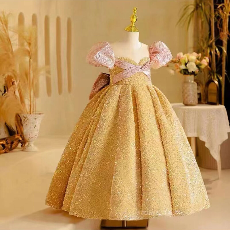 Jill życzy świecącej arabskiej złotej sukni dziewczęcej z kokardą dubajską dla dzieci księżniczki urodziny przyjęcie weselne pierwsza komunia suknia balowa 2024 J219