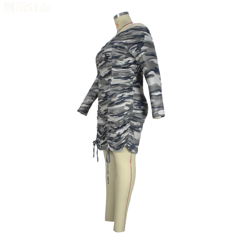 Uma palavra gola camuflagem impressão cinza saco hip sexy shirring magro laço mini vestido primavera outono plus size roupas femininas